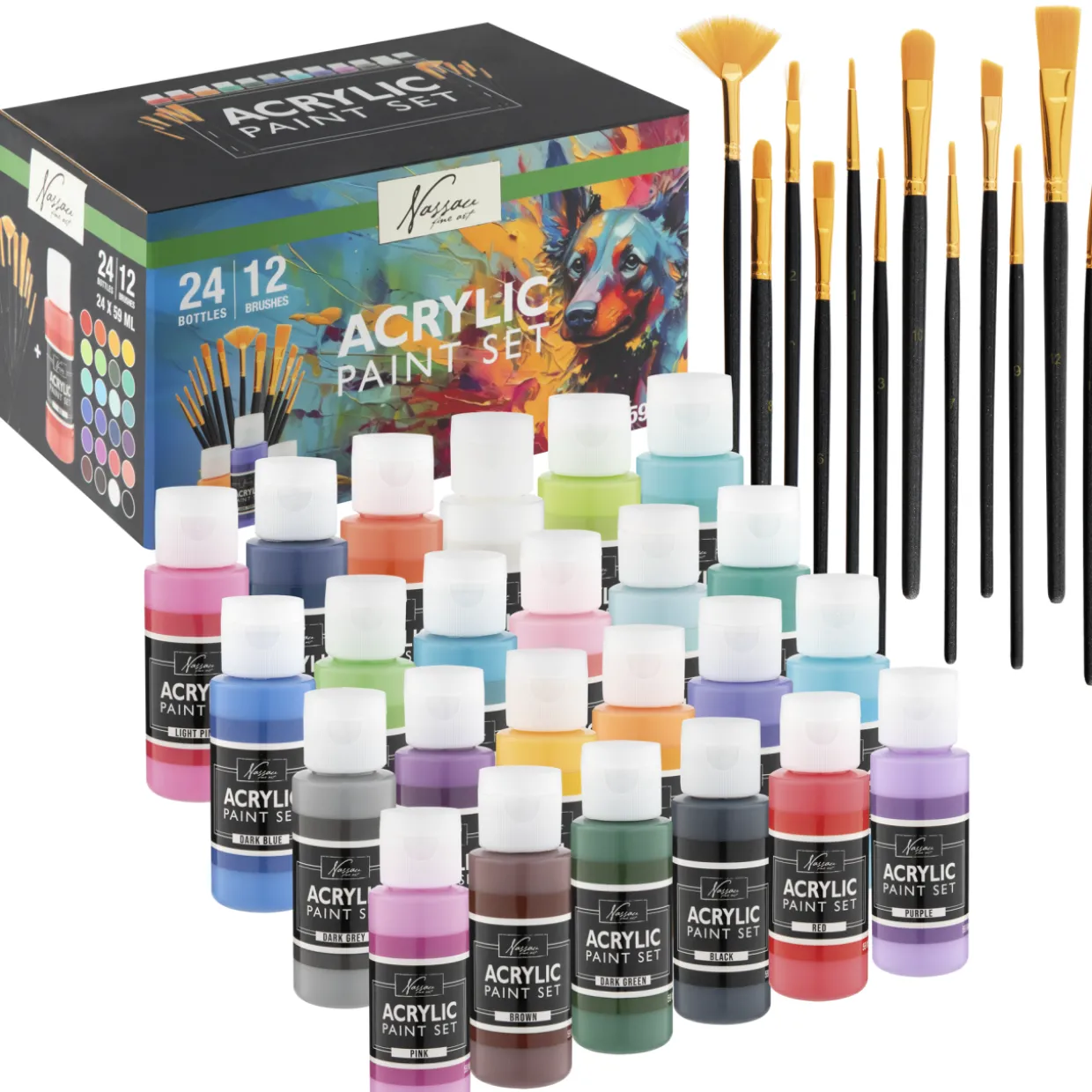 Akryyliväripakkaus Nassau Fine Art 24 x 59 ml + 12 sivellintä
