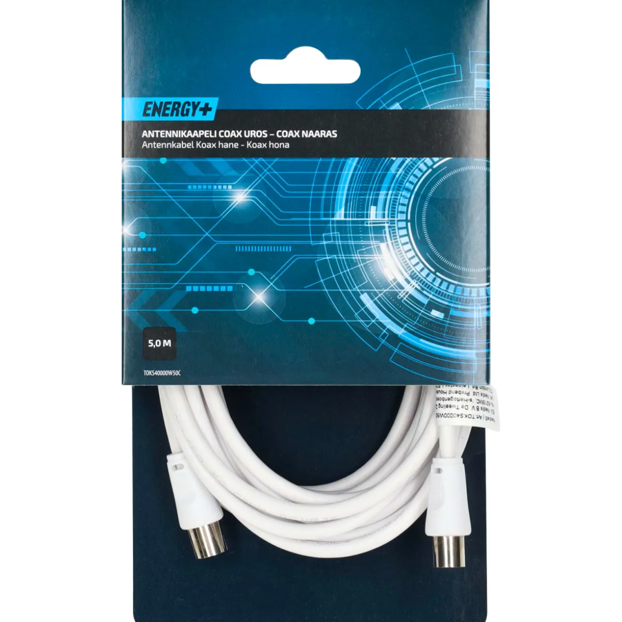 Antennikaapeli Energy+ Coax uros - Coax naaras 5 m, valkoinen
