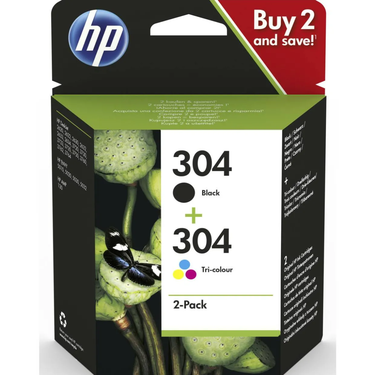 HP 304 -mustepatruunoiden kaksoispakkaus, musta/kolmivärinen, alkuperäinen