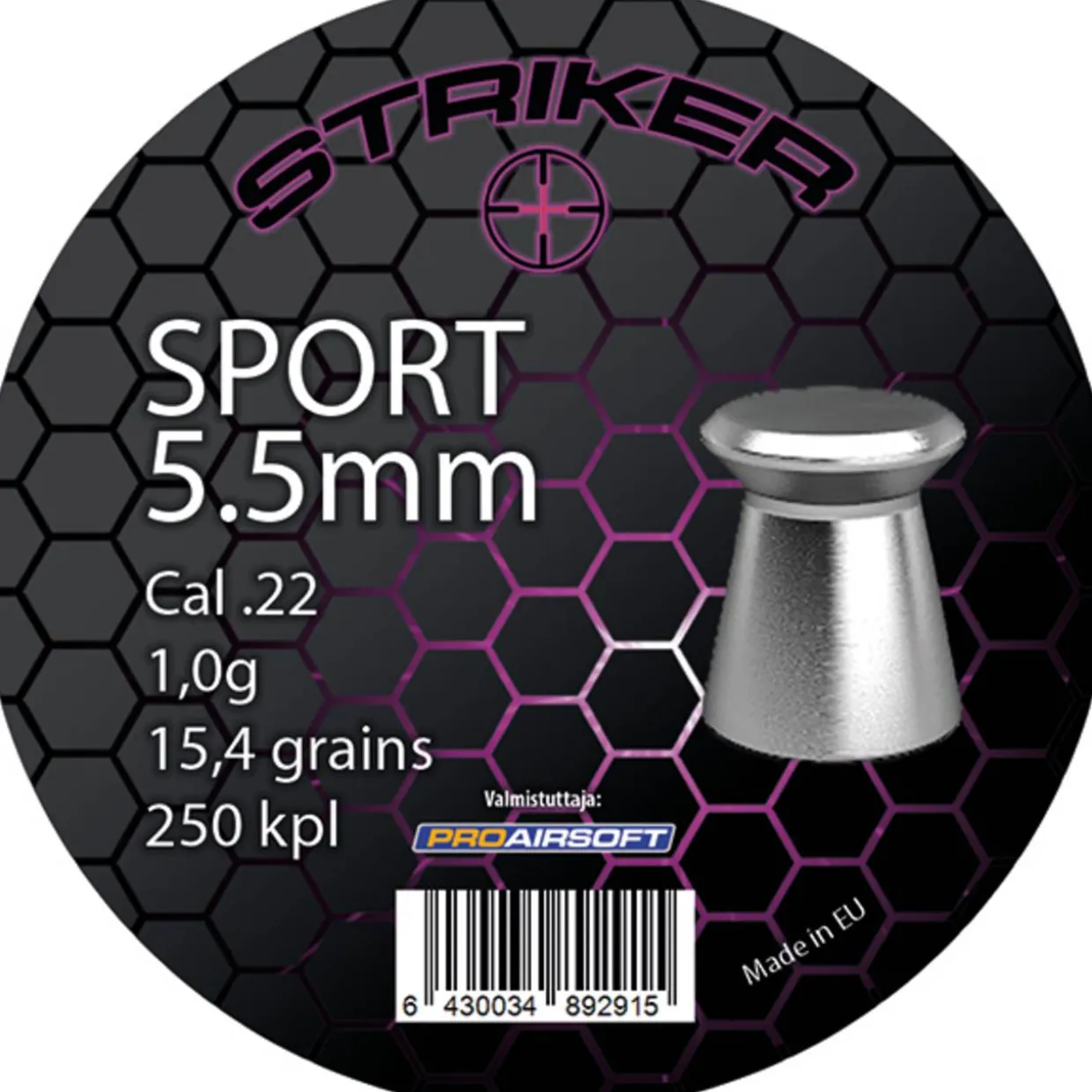 Ilmakiväärin luoti Striker Sport 5,5 mm (Cal .22) / 1,0 g, 250 kpl/pkt