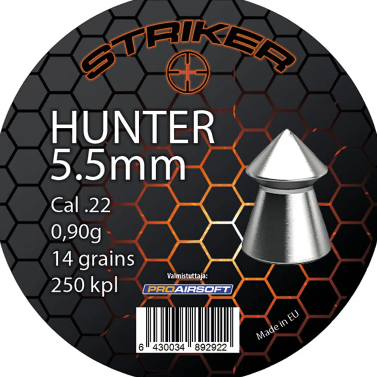 Ilmakiväärin luoti Striker Hunter 5,5 mm (Cal .22) / 0,9 g, 250 kpl/pkt