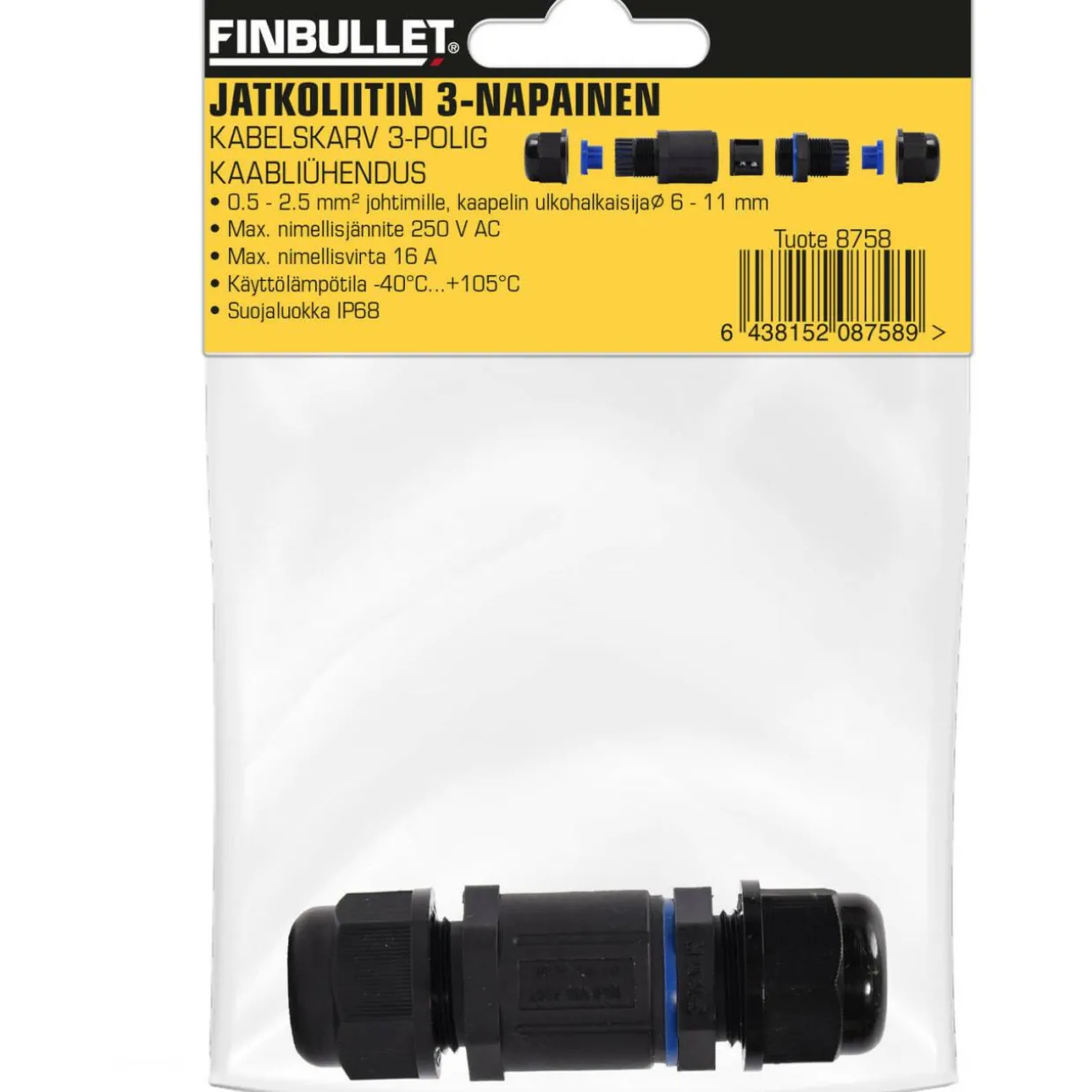 Jatkoliitin 3-napainen IP68 Finbullet
