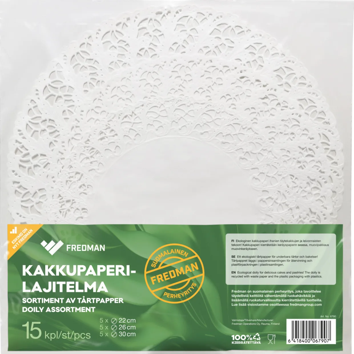 Kakkupaperilajitelma Fredman 15 kpl pyöreä valkoinen