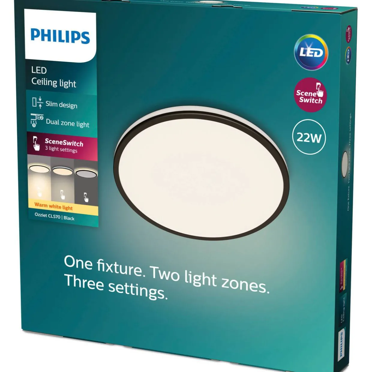 Kattovalaisin Philips Ozziet CL570 musta SceneSwitch 22W 27K