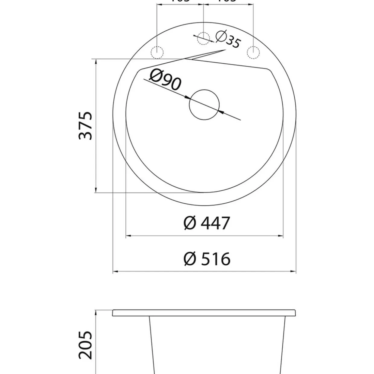 Keittiöallas Aqualine Ø 516 mm X-Granit grafiitinmusta
