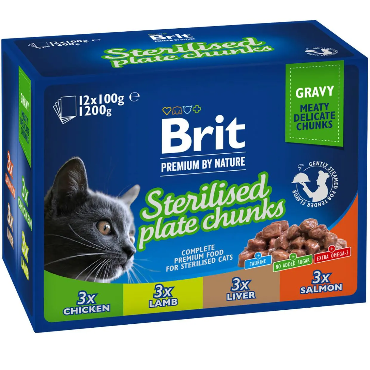 Kissanruoka Brit Premium 12 x 100 g paloja kastikkeessa steriloiduille kissoille