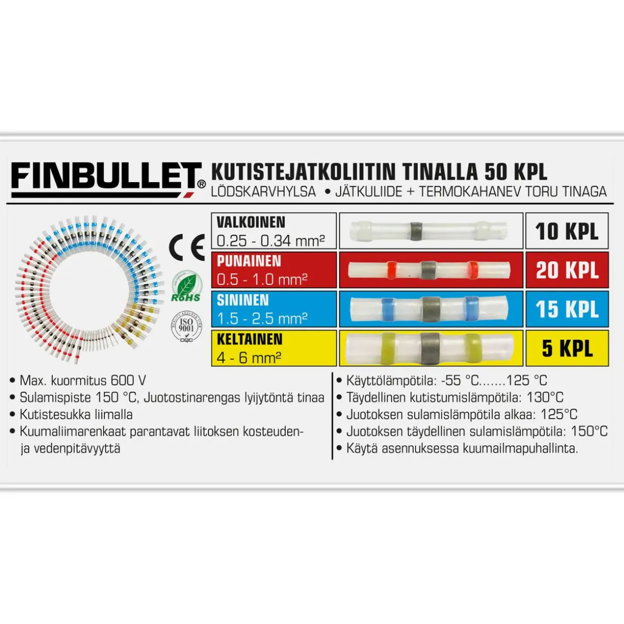 Kutistejatkoliitin tinalla 50 kpl valikoima