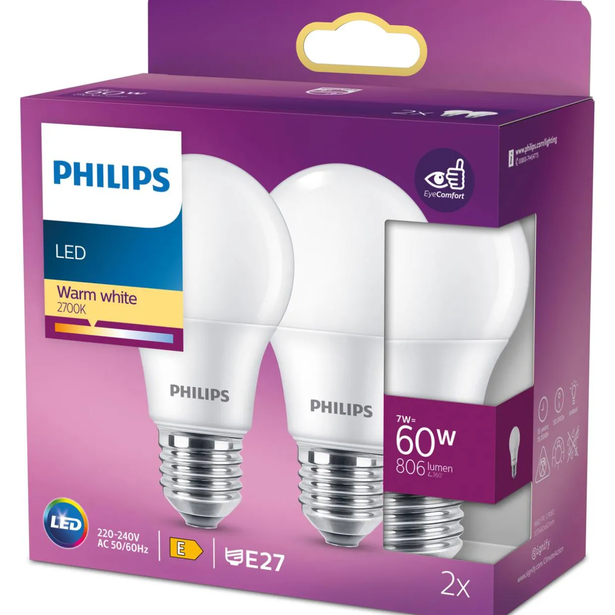 LED lamppu Philips 60W A60 E27 huurrettu 2 kpl