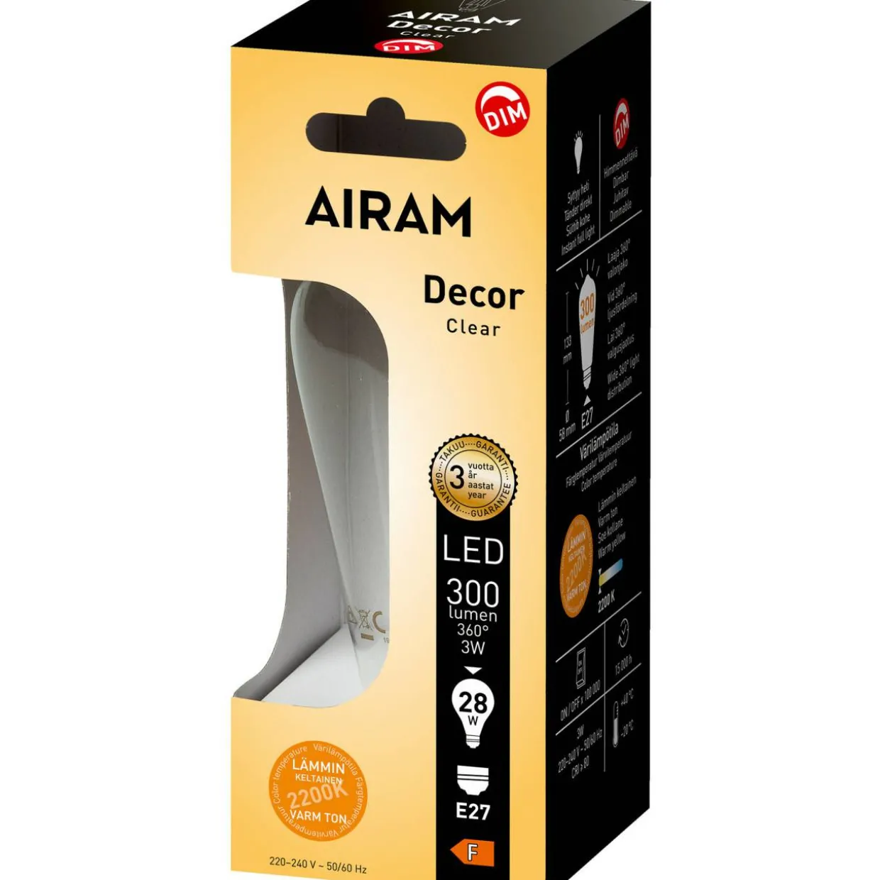 LED-lamppu Airam DECFG E58 822 300lm E27 FIL DIM