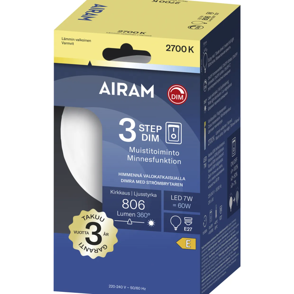 LED-lamppu G125 3-Step 7 W 2700K E27 806 lm