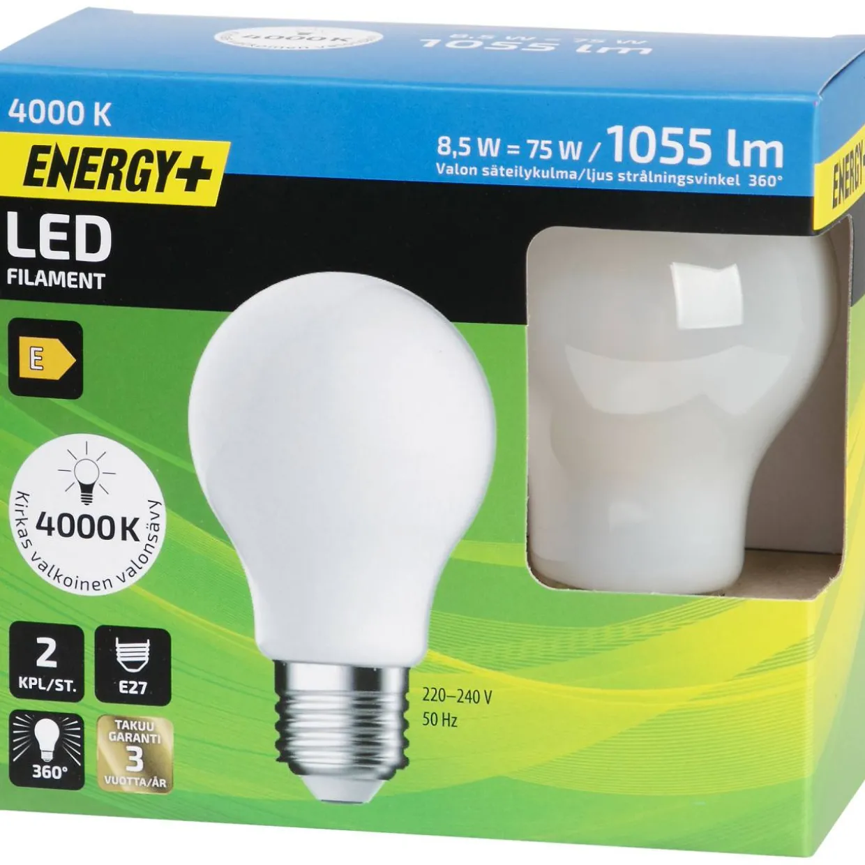 LED-lamppu 1055 lm 4000 K A60 E27, 2 kpl