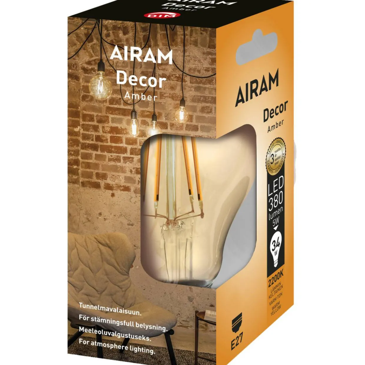 LED-vakiolamppu AMBER antiikki 4,5W 400lm E27 2200K kirkas