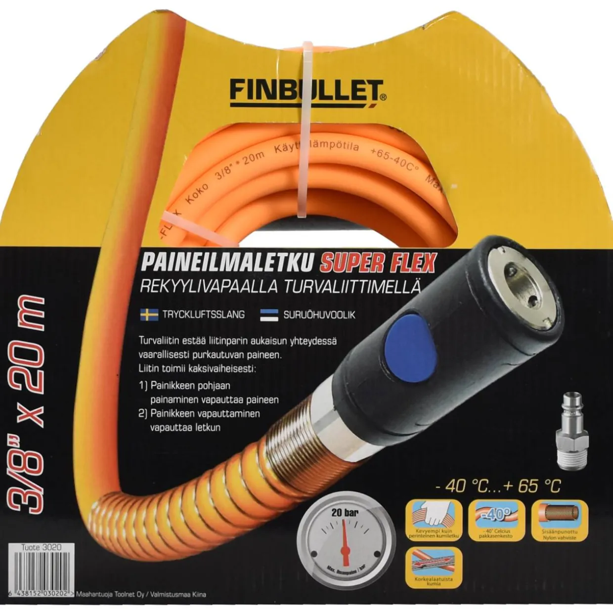 Paineilmaletku Finbullet Superflex 3/8"x 20 m rekyylivapaalla turvaliittimellä