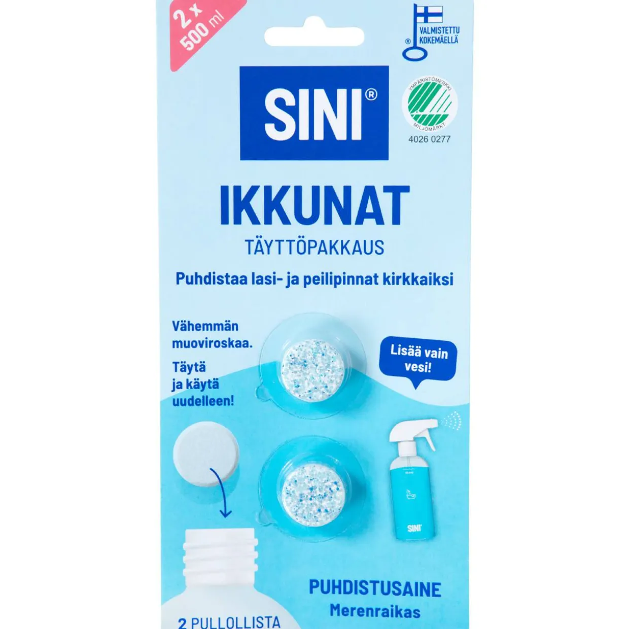 Puhdistusainetabletti Sini 2 kpl Ikkunat täyttöpakkaus
