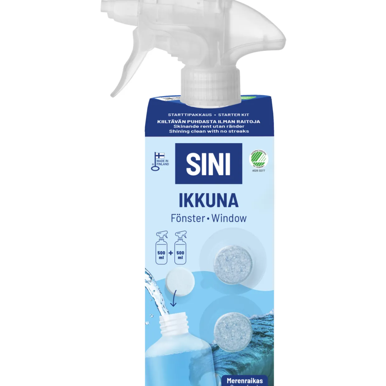 Puhdistusainetabletti Sini Ikkuna Starttipakkaus 2 kpl + pullo