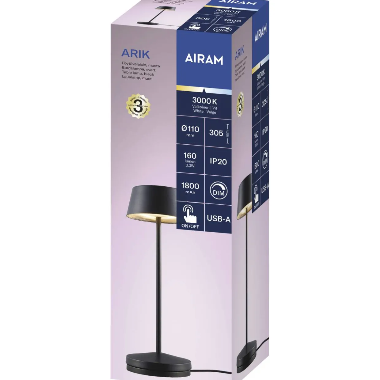 Pöytävalaisin Airam Arik 160lm 3000K 1500mAh musta