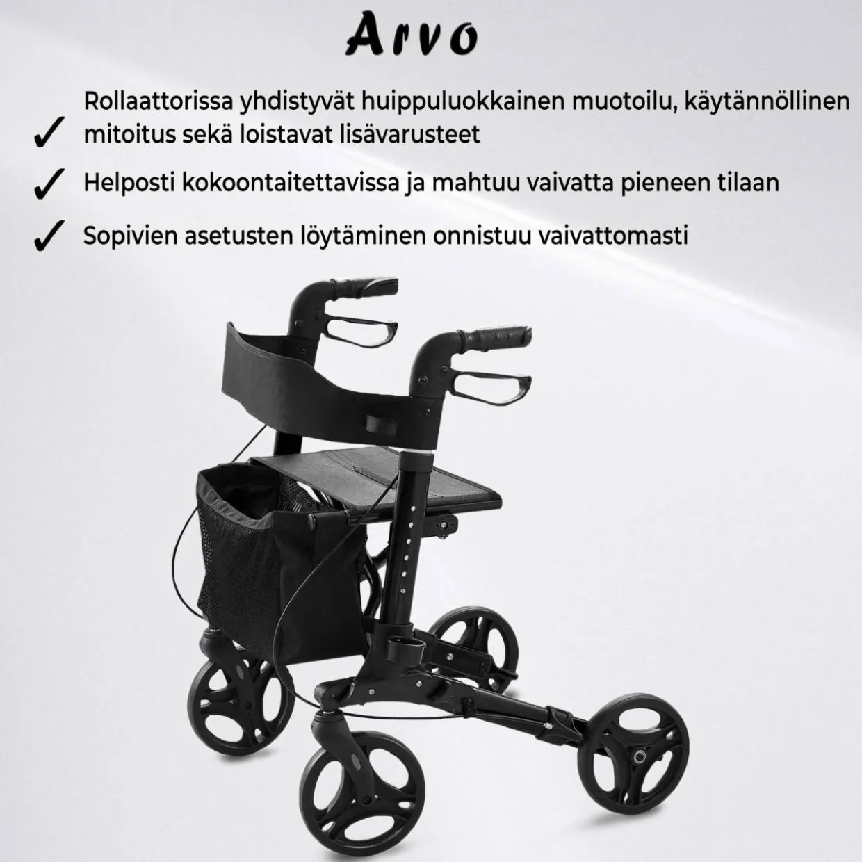 Rollaattori Arvo Deluxe, musta