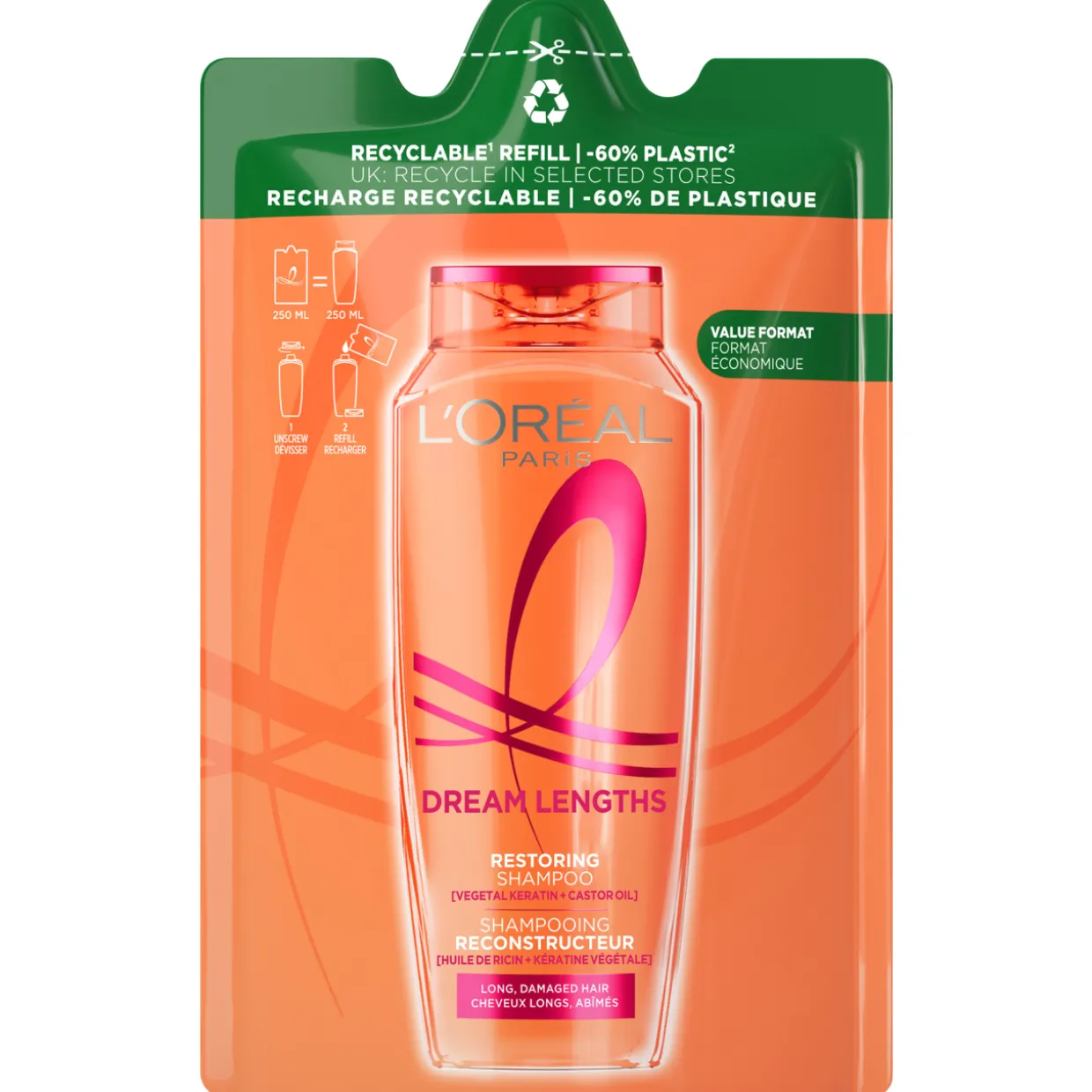 Shampoon täyttöpakkaus Loreal Elvital 250 ml Dream Length