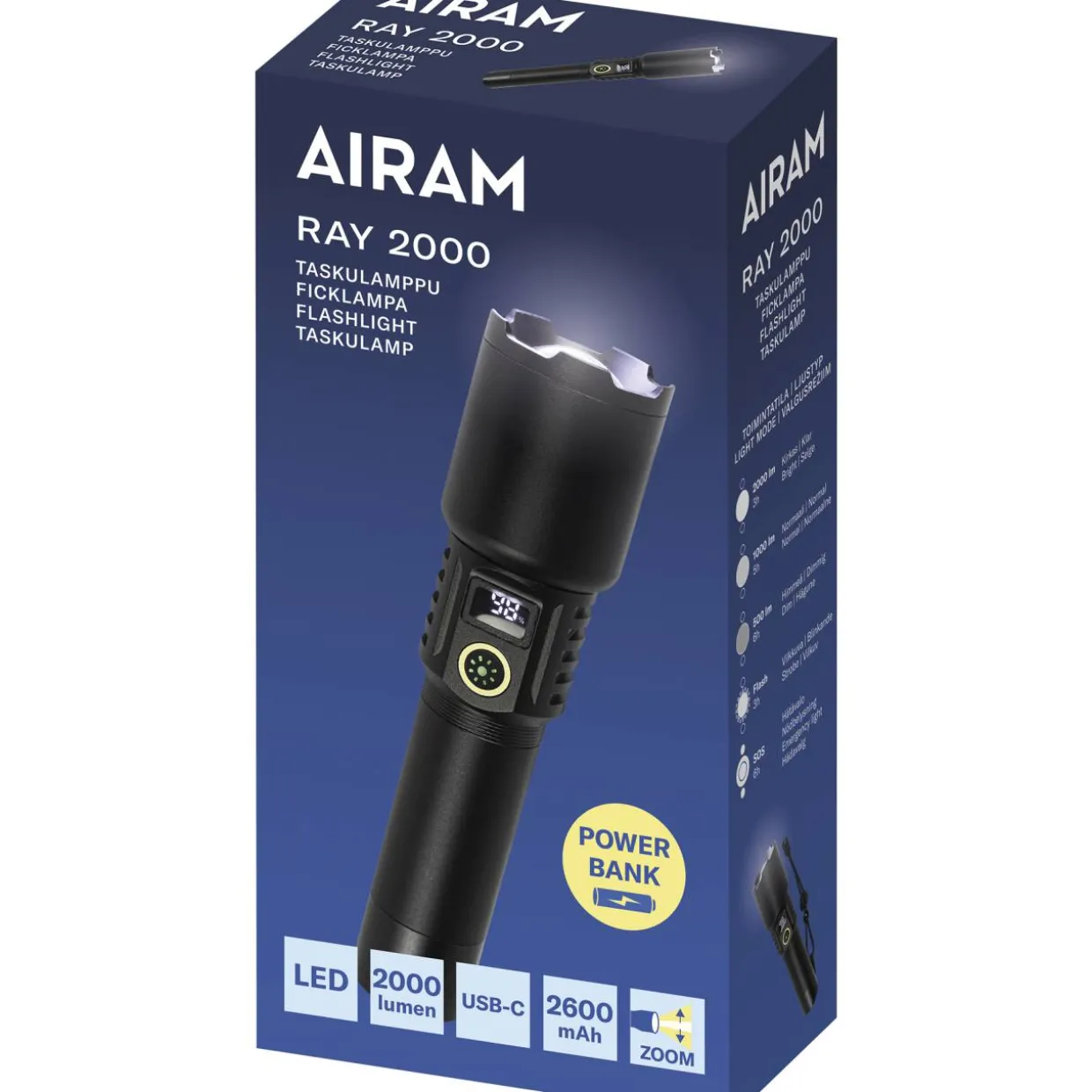 Taskulamppu Airam Ray 2000 USB-ladattava