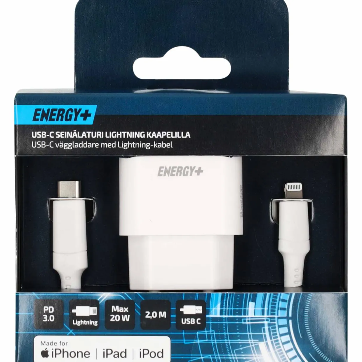 USB-verkkolaturi Energy+, 1 x USB-C PD 20 W + Lightning-kaapeli