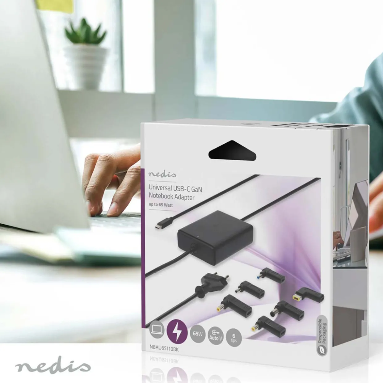 Virtalähde Nedis kannettava tietokone, GaN, 65 W, 5-20 V DC, max. 3.25 A