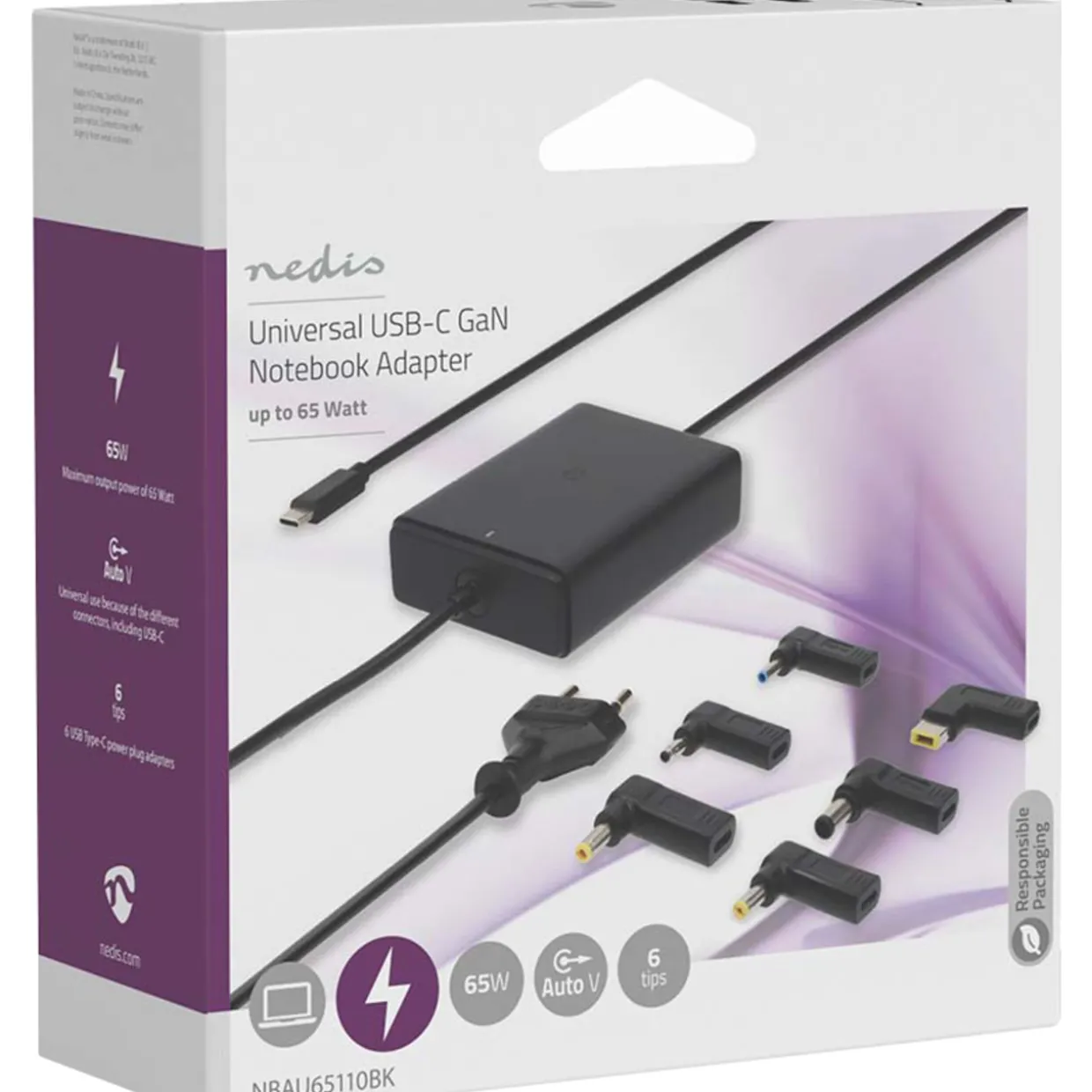 Virtalähde Nedis kannettava tietokone, GaN, 65 W, 5-20 V DC, max. 3.25 A