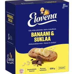 Välipalakeksi Elovena 10 x 30 g banaani-suklaa 100 % kauraa